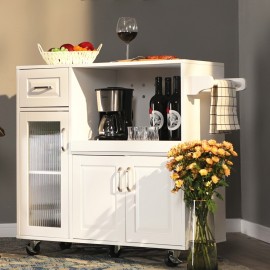 Nature's Lodge Mobile Kitchen Island On Wheels, Storage Kitchen Cart Trolley Cart With Extendable Shelf And Towel Rack, White/Red