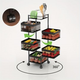 Rotating Storage Shelf with Wheels - Organizer for Fruits and Vegetables, Bathroom Shelf, Kitchen Organization and Storage, Mobile Utility Cart for Living Room - Ideal for Home (5 Tier, Black)