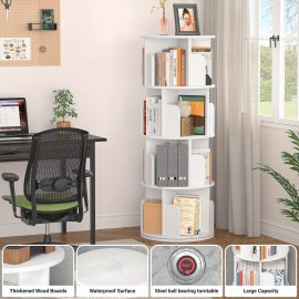 360 Degree Rotating Bookshelf-4 Tier Floor Standing Bookcase, Tall Book Storage Rack for CDs/Movies/Books, Corner Bookshelf, Utility Book Organizer Shelves for Bedroom Living Room Home Office (White)