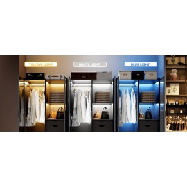 Dystler Storage Cabinet with 3 Color LED Lights - Organizer with Human Sensor Design - 2 Drawers&6 Shelves - Wardrobe Armoire with 2 Acrylic Door - Closet for Bedroom Furniture, Black