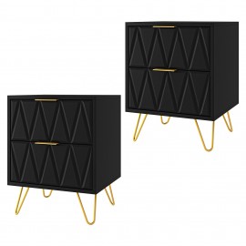 Black Nightstand Set of 2, Modern End Side Table Bedside Table with 2 Drawers, Night Stand with Gold Legs for Living Room,Bedroom