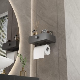 1pc Toilet Paper Holder With Shelf, Adhesive Toilet Paper Holder With Storage, Upgrade Drawer Design Wipes Dispenser For Bathroom, Toilet Tissue Holder, Small Bathroom Shelf Wall Mount, Matte Gray