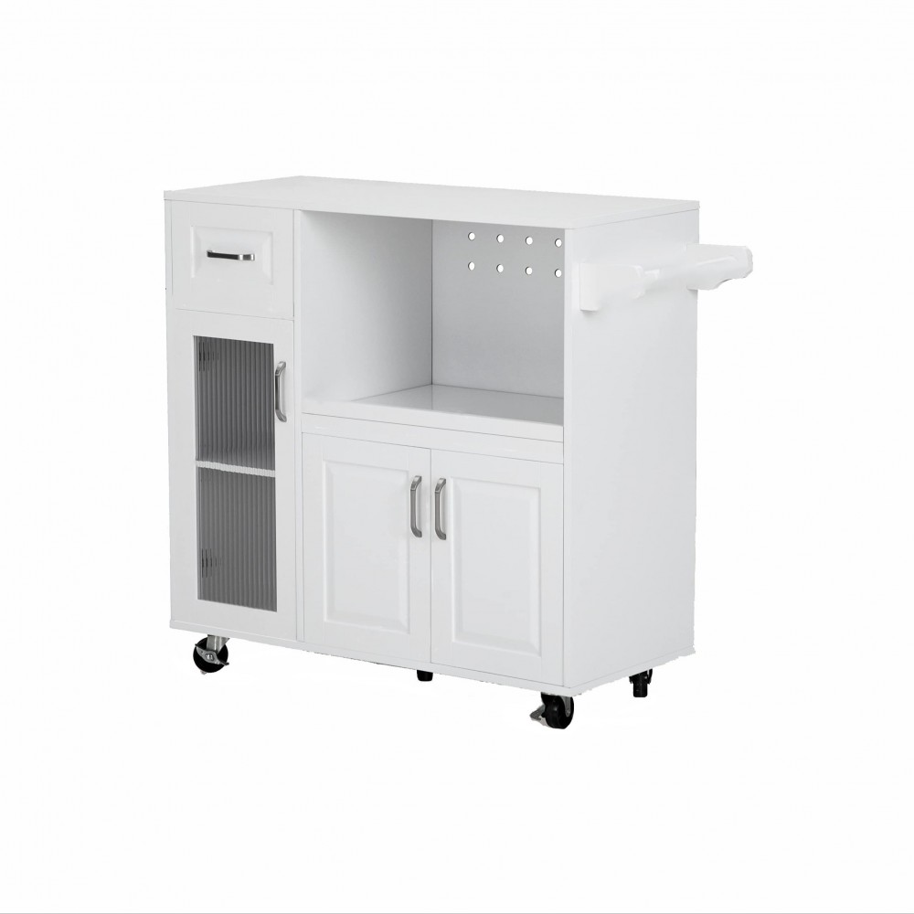 Nature's Lodge Mobile Kitchen Island On Wheels, Storage Kitchen Cart Trolley Cart With Extendable Shelf And Towel Rack, White/Red