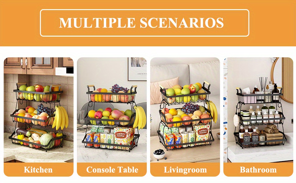 3 tier fruit basket bowl farmhouse with side hooks for kitchen countertop detachable metal vegetable storage basket stand holder with wooden handle black details 1