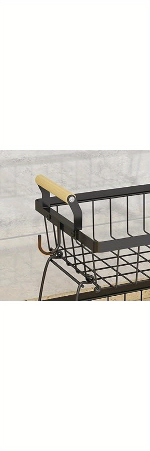 3 tier fruit basket bowl farmhouse with side hooks for kitchen countertop detachable metal vegetable storage basket stand holder with wooden handle black details 2