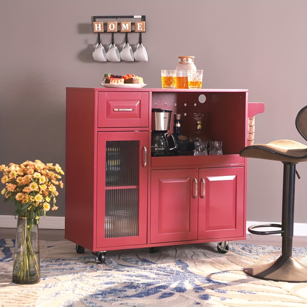 natures mobile kitchen island on wheels storage kitchen cart trolley cart with extendable shelf and towel rack white red details 0