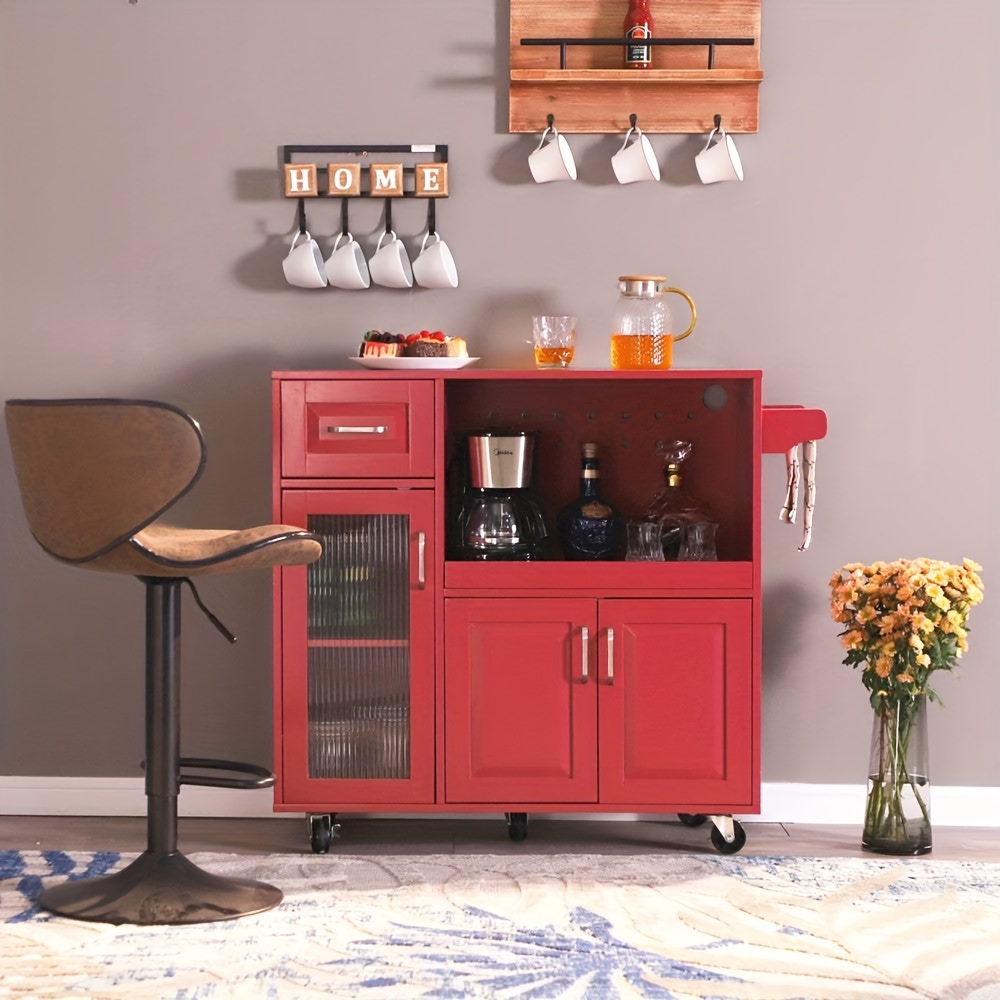 natures mobile kitchen island on wheels storage kitchen cart trolley cart with extendable shelf and towel rack white red details 4