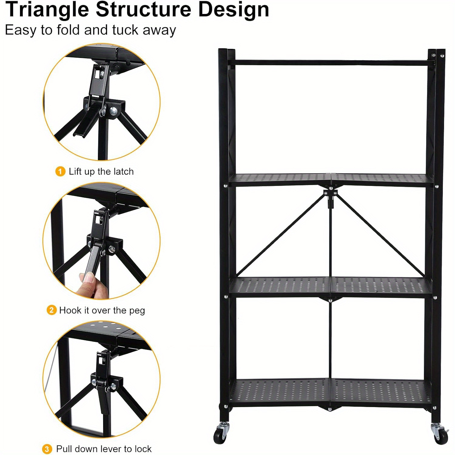 4 tier storage shelving unit w hooks and wheels 27 95 x14 96 x49 61 standing foldable storage rack metal kitchen garage no assemble require black details 1