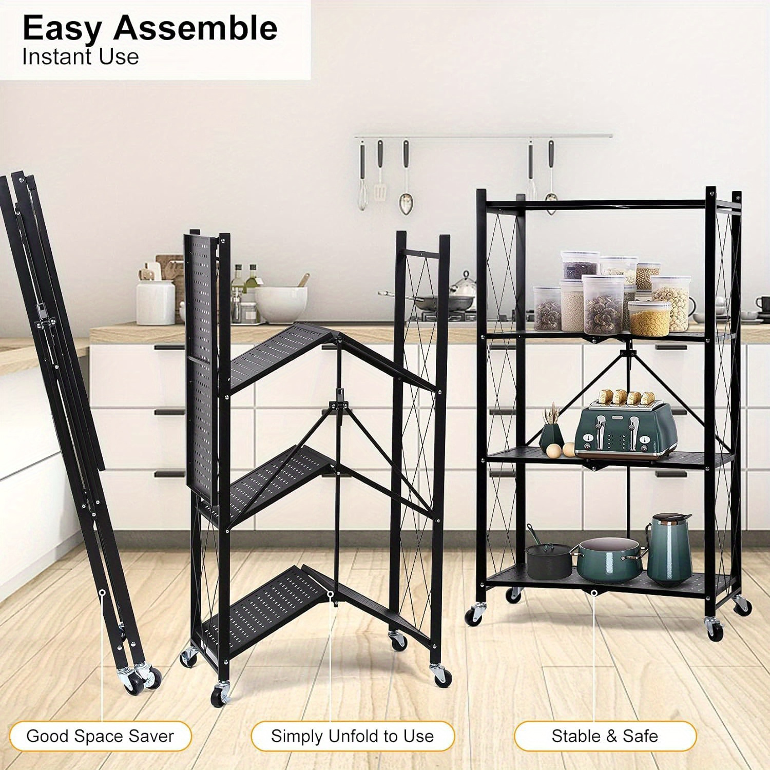 4 tier storage shelving unit w hooks and wheels 27 95 x14 96 x49 61 standing foldable storage rack metal kitchen garage no assemble require black details 2