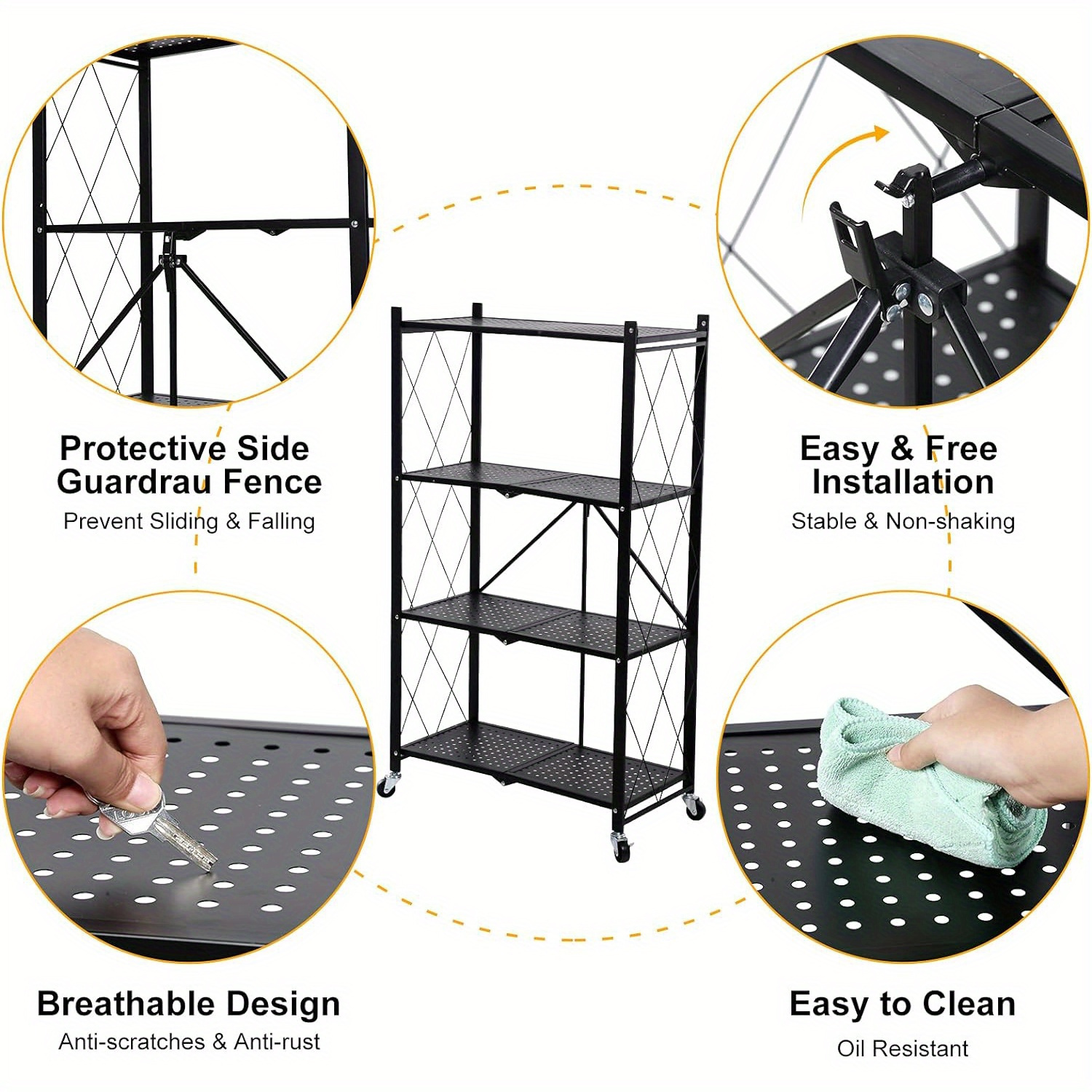 4 tier storage shelving unit w hooks and wheels 27 95 x14 96 x49 61 standing foldable storage rack metal kitchen garage no assemble require black details 3