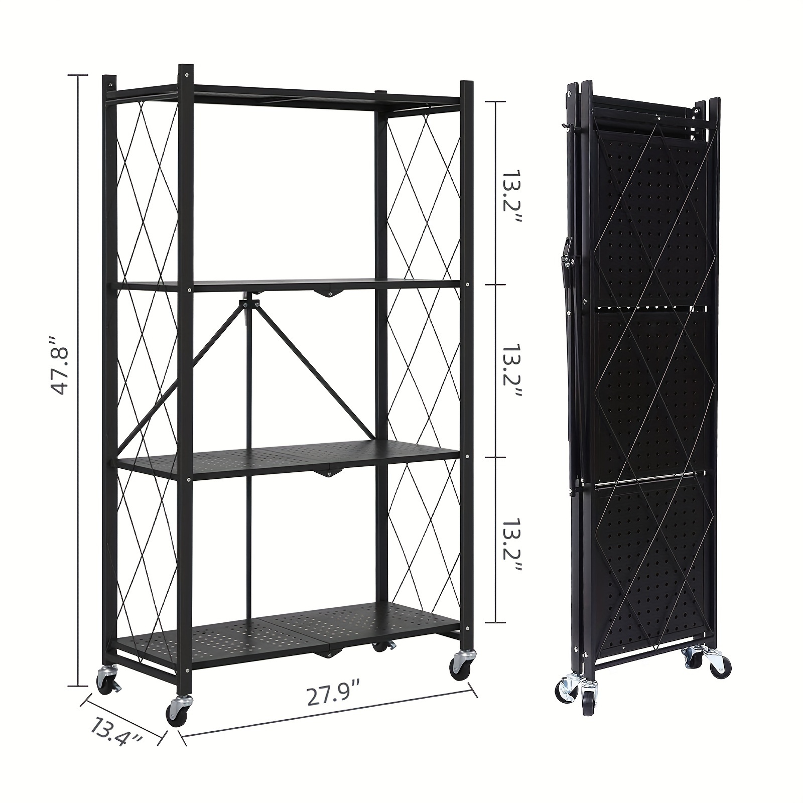 4 tier storage shelving unit w hooks and wheels 27 95 x14 96 x49 61 standing foldable storage rack metal kitchen garage no assemble require black details 5