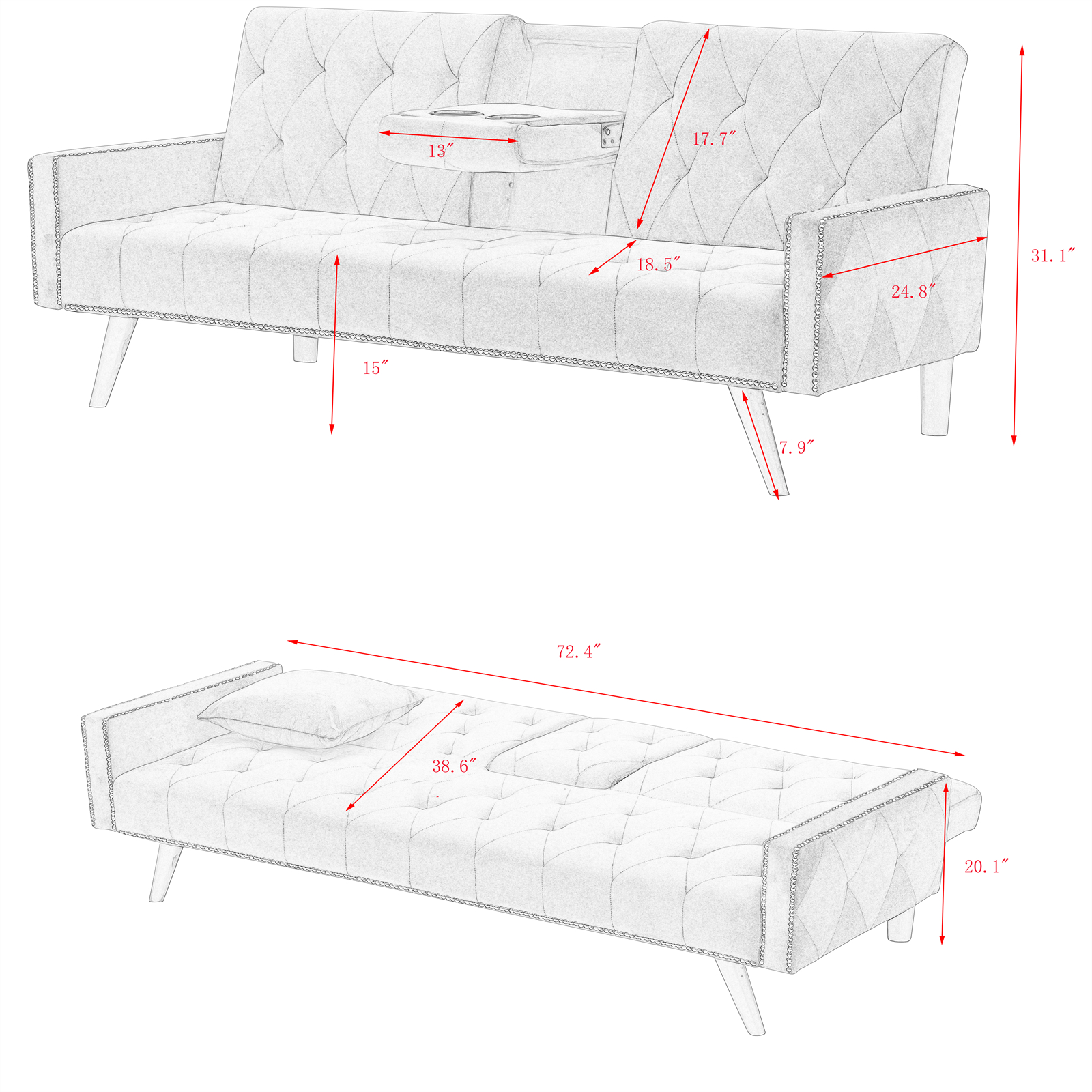 super comfortable velvet sofa bed nail head arms with two cup holders 72 inch sofa for small spaces details 3