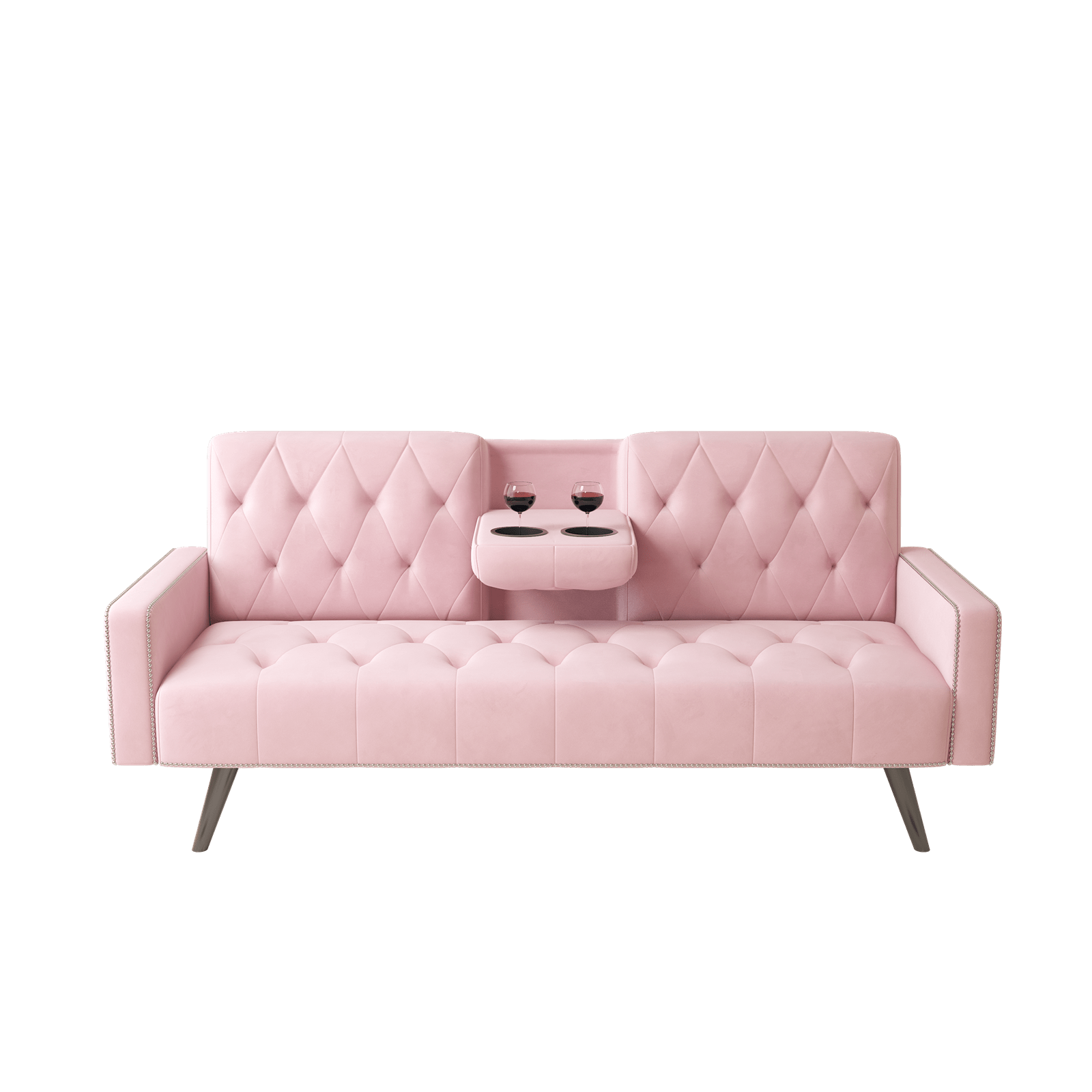 super comfortable velvet sofa bed nail head arms with two cup holders 72 inch sofa for small spaces details 5