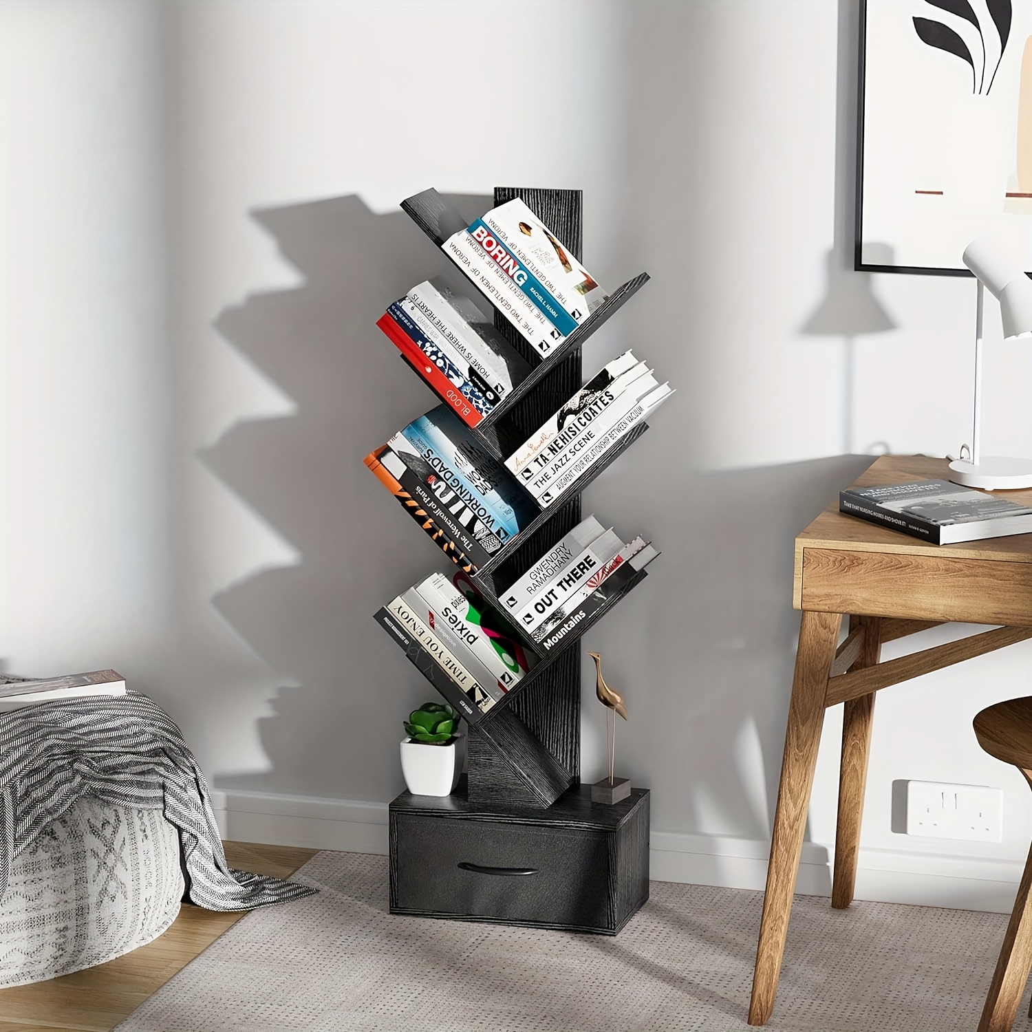 6 tier tree bookshelf with drawer shelf storage rack floor standing bookcase for cds movies books multifunctional organizer shelves for home office living room bedroom details 1