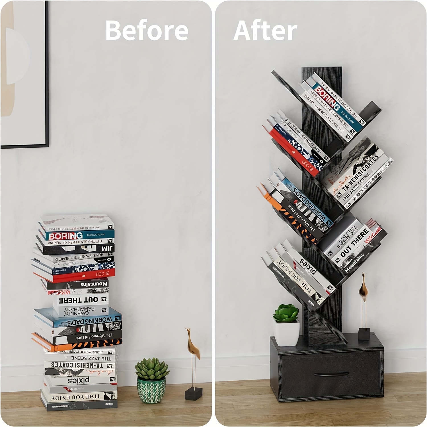 6 tier tree bookshelf with drawer shelf storage rack floor standing bookcase for cds movies books multifunctional organizer shelves for home office living room bedroom details 2