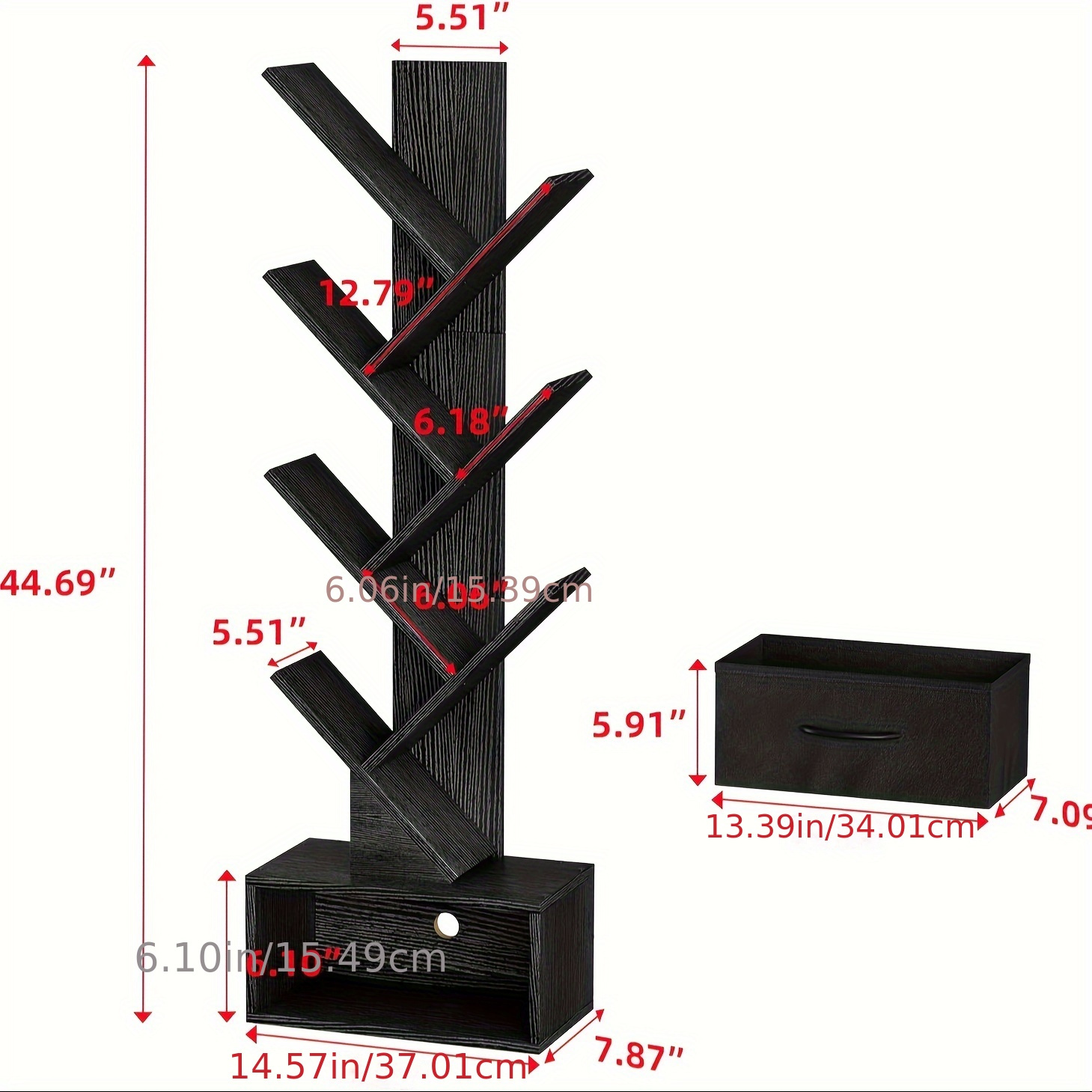 6 tier tree bookshelf with drawer shelf storage rack floor standing bookcase for cds movies books multifunctional organizer shelves for home office living room bedroom details 3