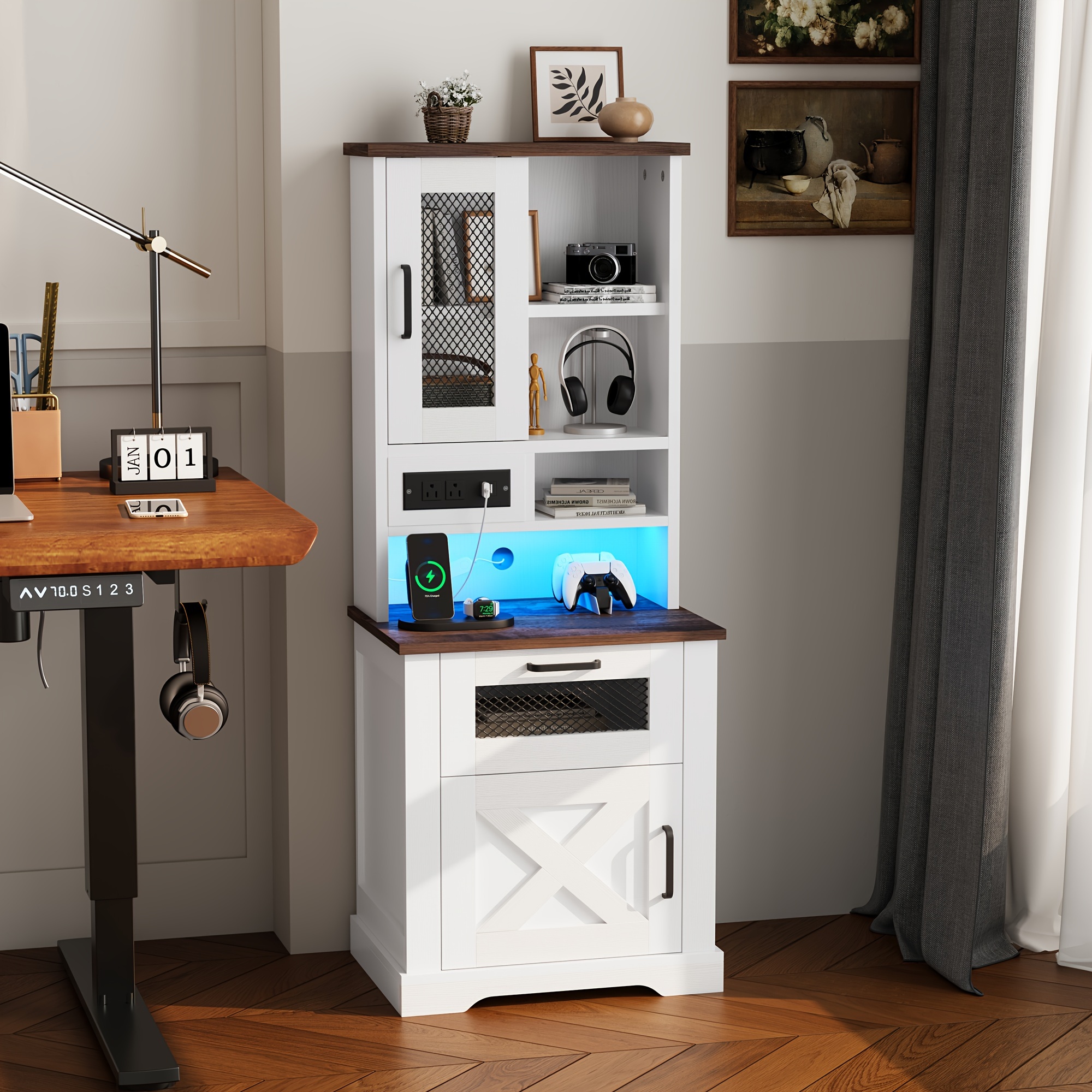 farmhouse storage cabinet with charging station and led lights 5 level open room bedroom study white details 0