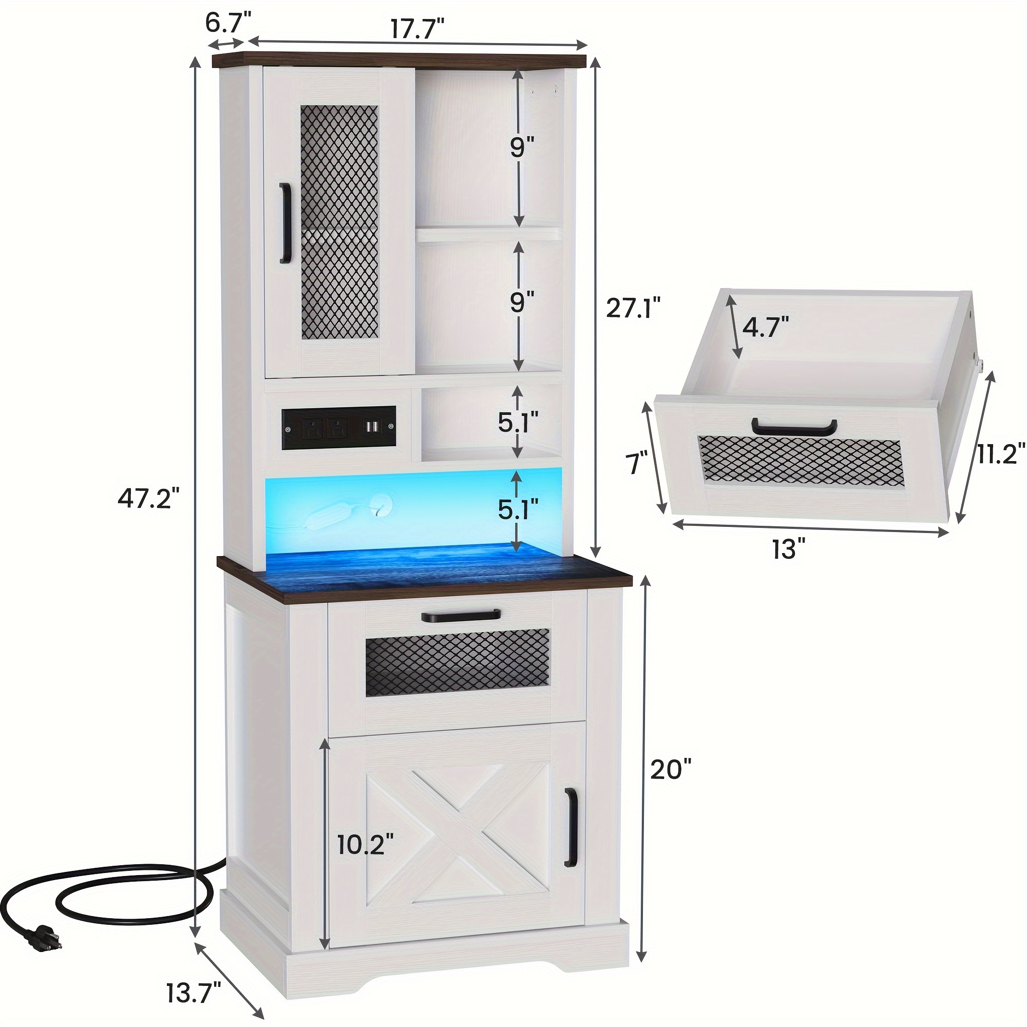 farmhouse storage cabinet with charging station and led lights 5 level open room bedroom study white details 2
