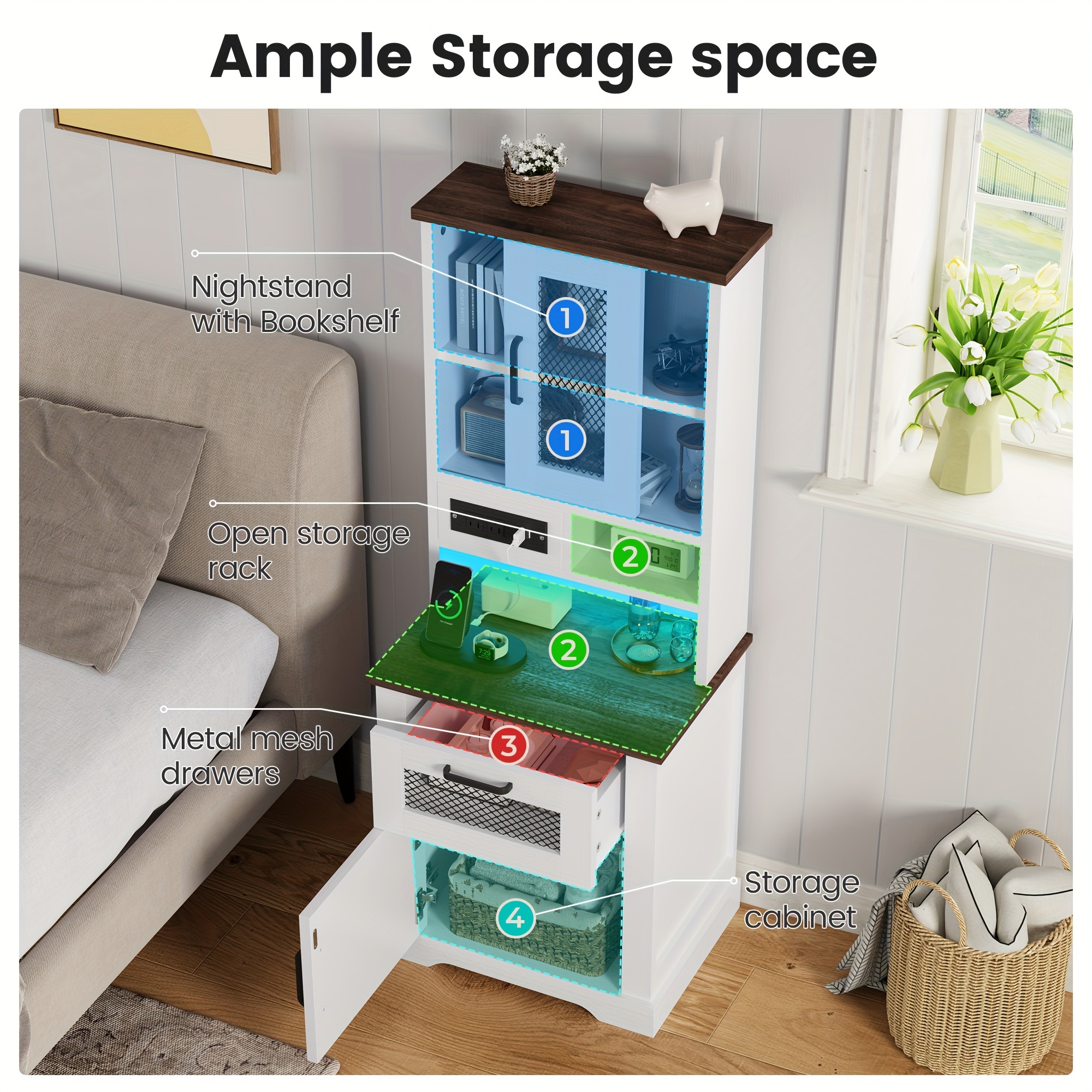 farmhouse storage cabinet with charging station and led lights 5 level open room bedroom study white details 5