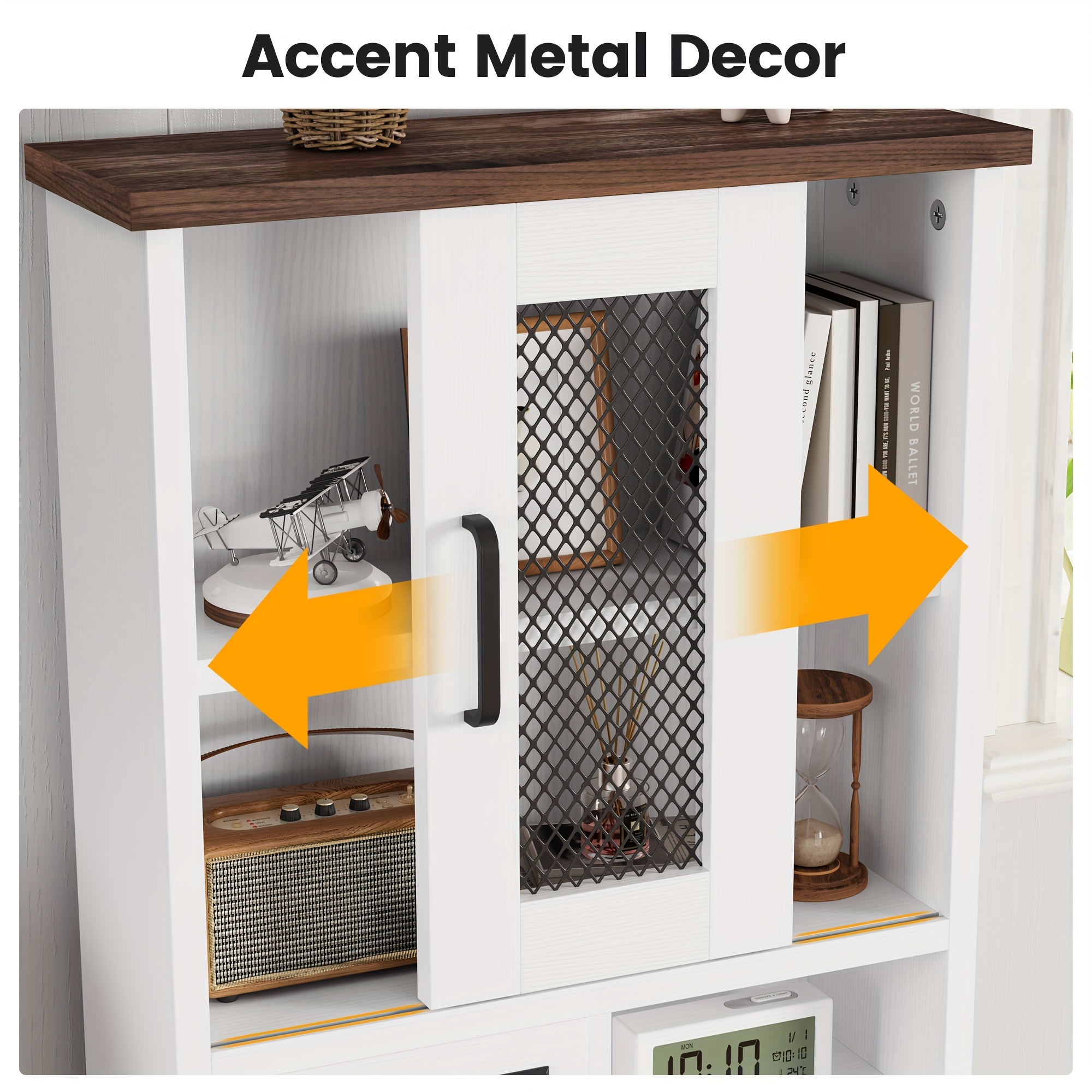 farmhouse storage cabinet with charging station and led lights 5 level open room bedroom study white details 6