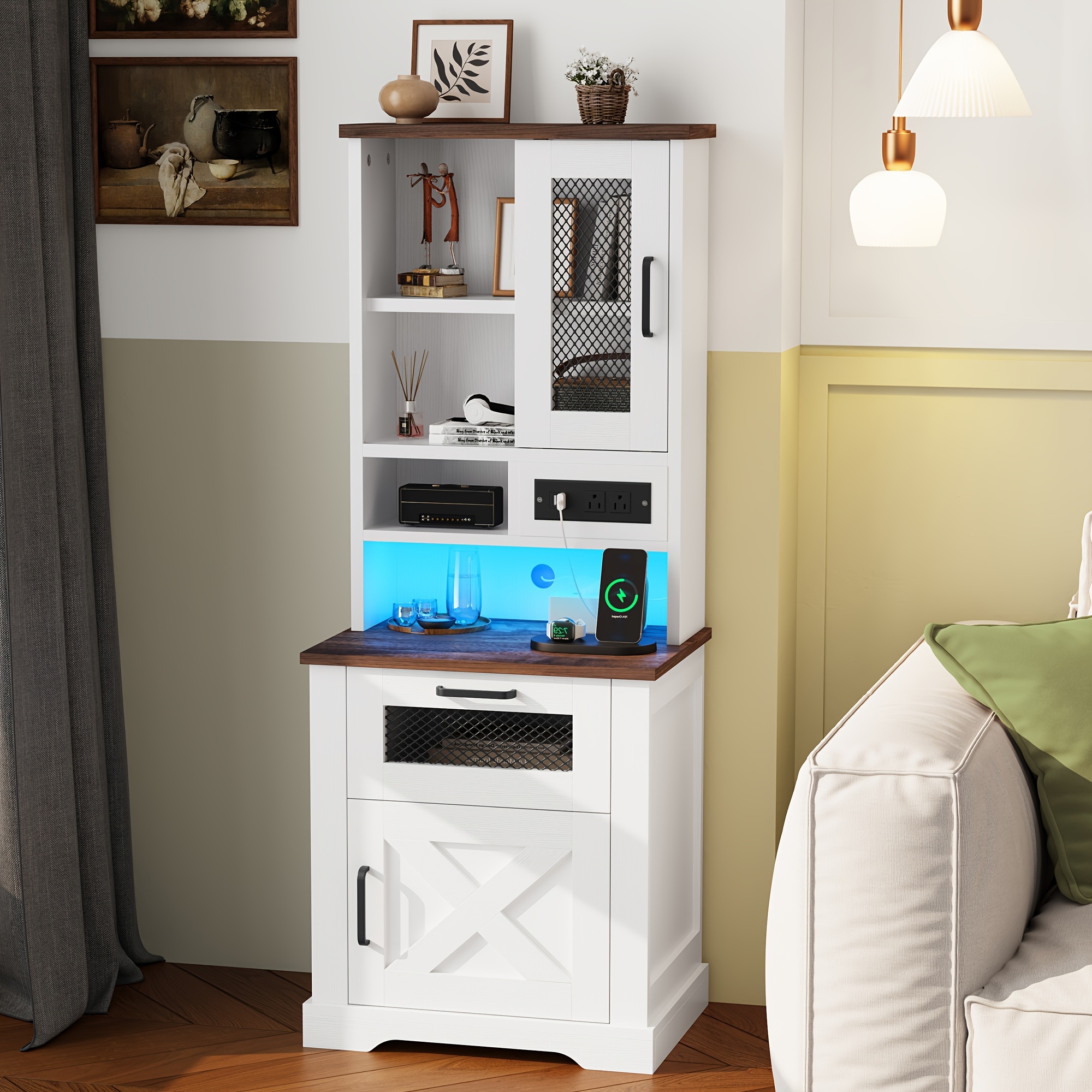 farmhouse storage cabinet with charging station and led lights 5 level open room bedroom study white details 9