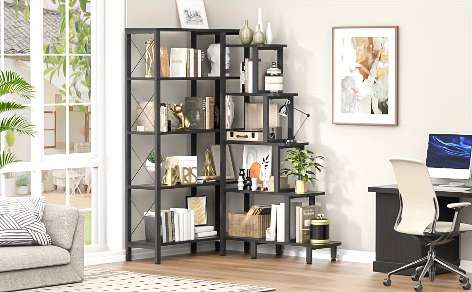 corner bookshelf bookcase large reversible 5 tier ladder shelves storage display rack with metal frame industrial home office furniture for living room bedroom black christmas halloween gift details 0