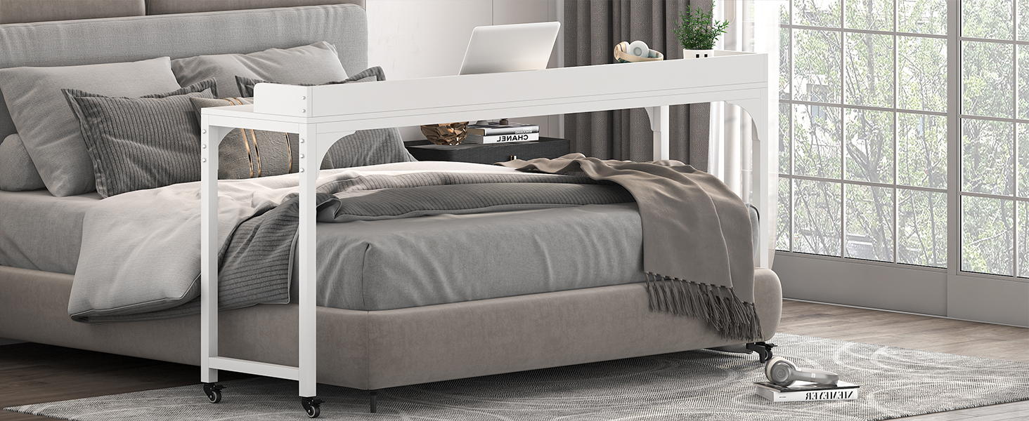 overbed table with wheels queen size mobile computer desk standing workstation laptop cart over bed table with heavy duty metal legwith adjustable tilt stand dining table computer desk for home and hospital details 2