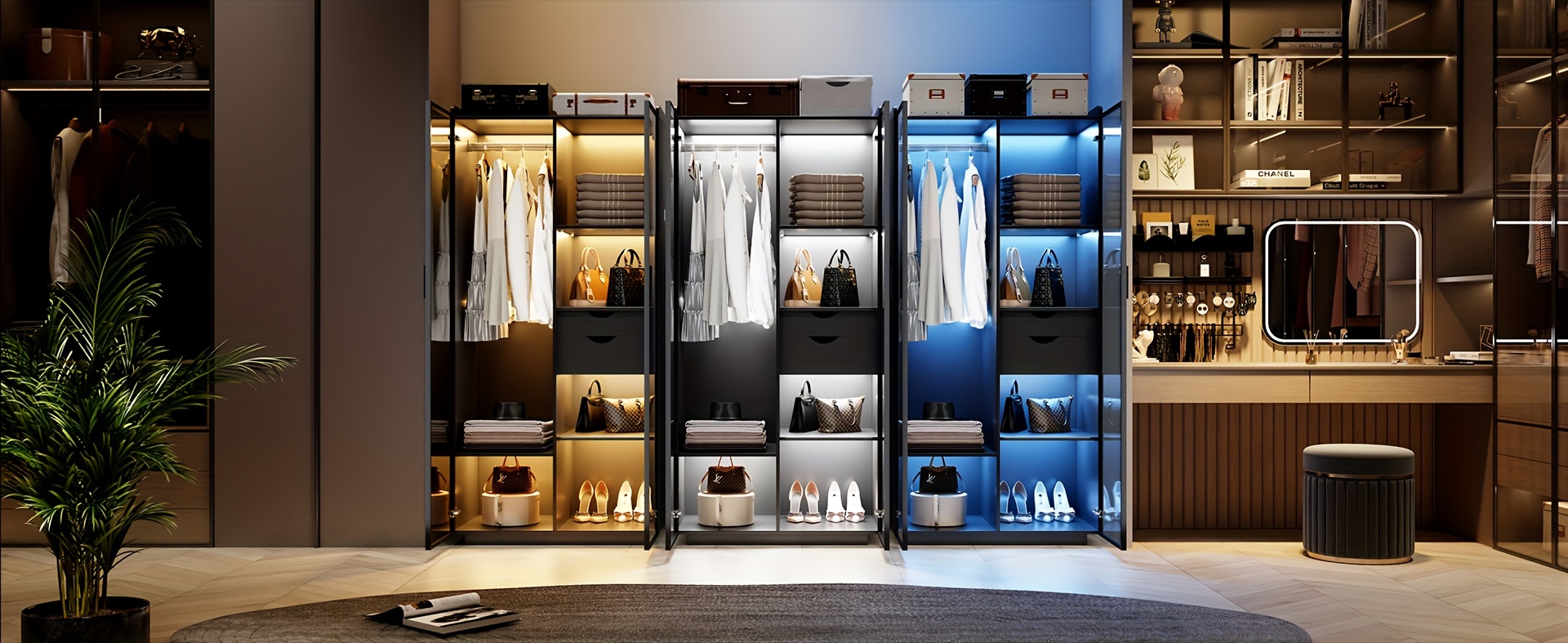 storage cabinet with 3 color led lights organizer with design 2 drawers 6 shelves wardrobe armoire with 2 acrylic door closet for bedroom furniture black details 0