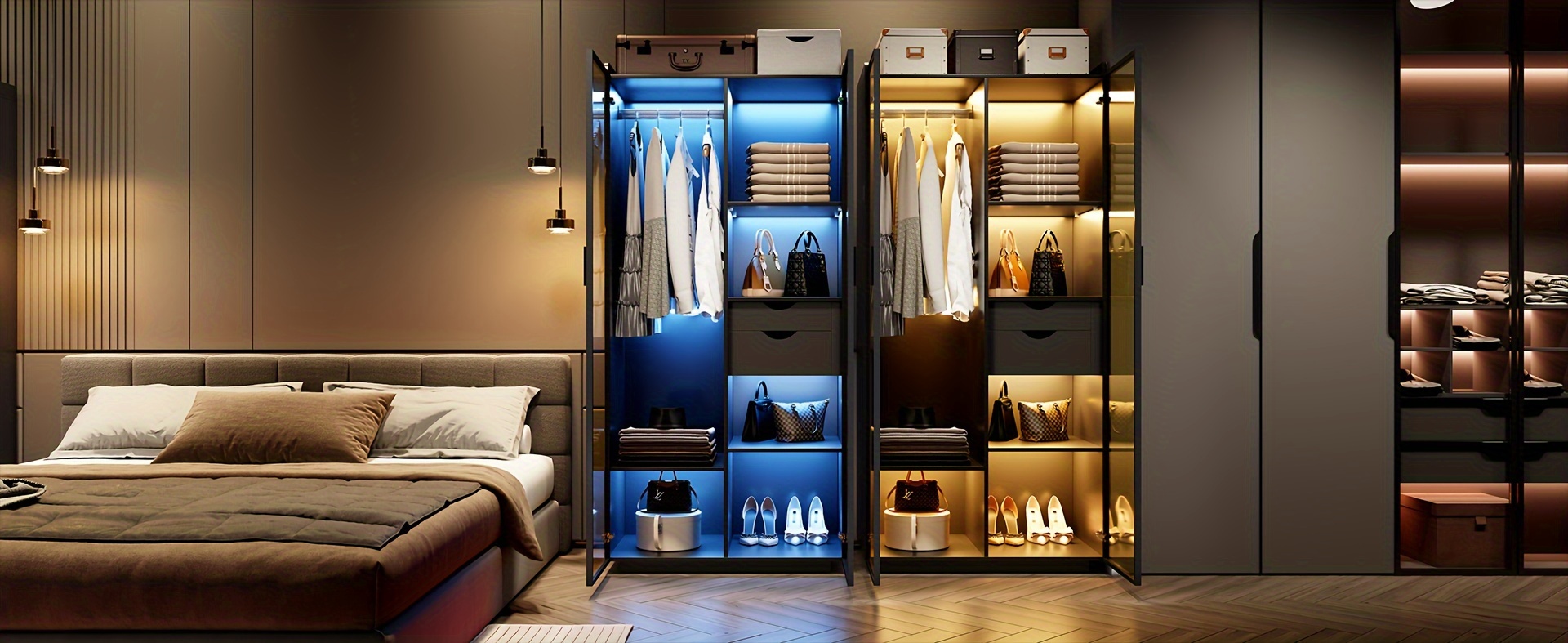 storage cabinet with 3 color led lights organizer with design 2 drawers 6 shelves wardrobe armoire with 2 acrylic door closet for bedroom furniture black details 3