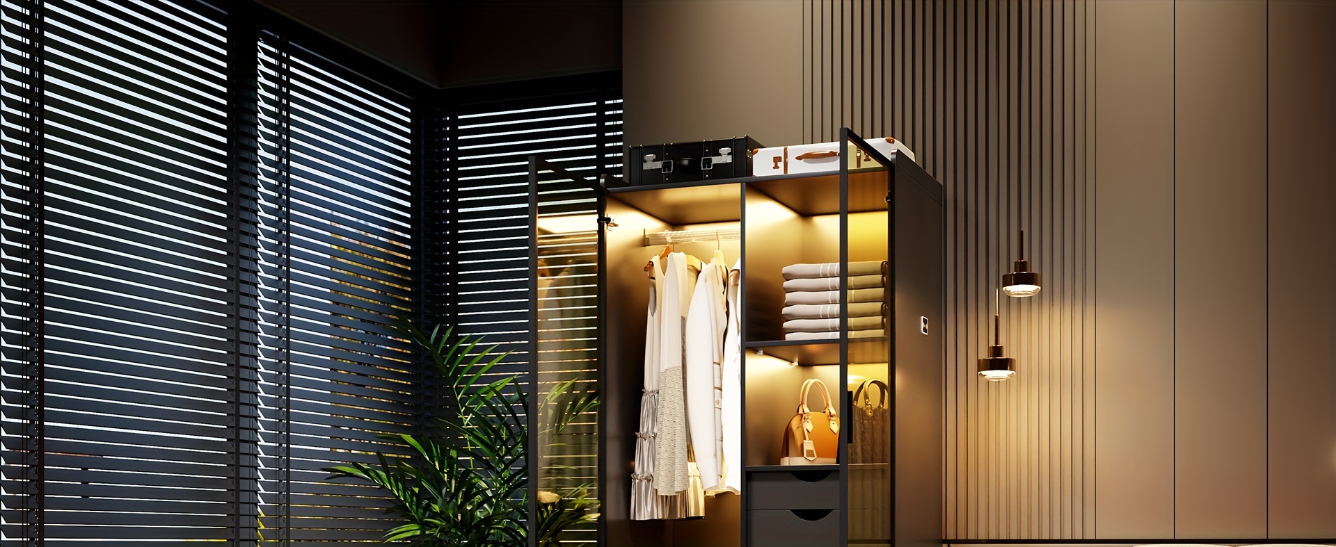 storage cabinet with 3 color led lights organizer with design 2 drawers 6 shelves wardrobe armoire with 2 acrylic door closet for bedroom furniture black details 4