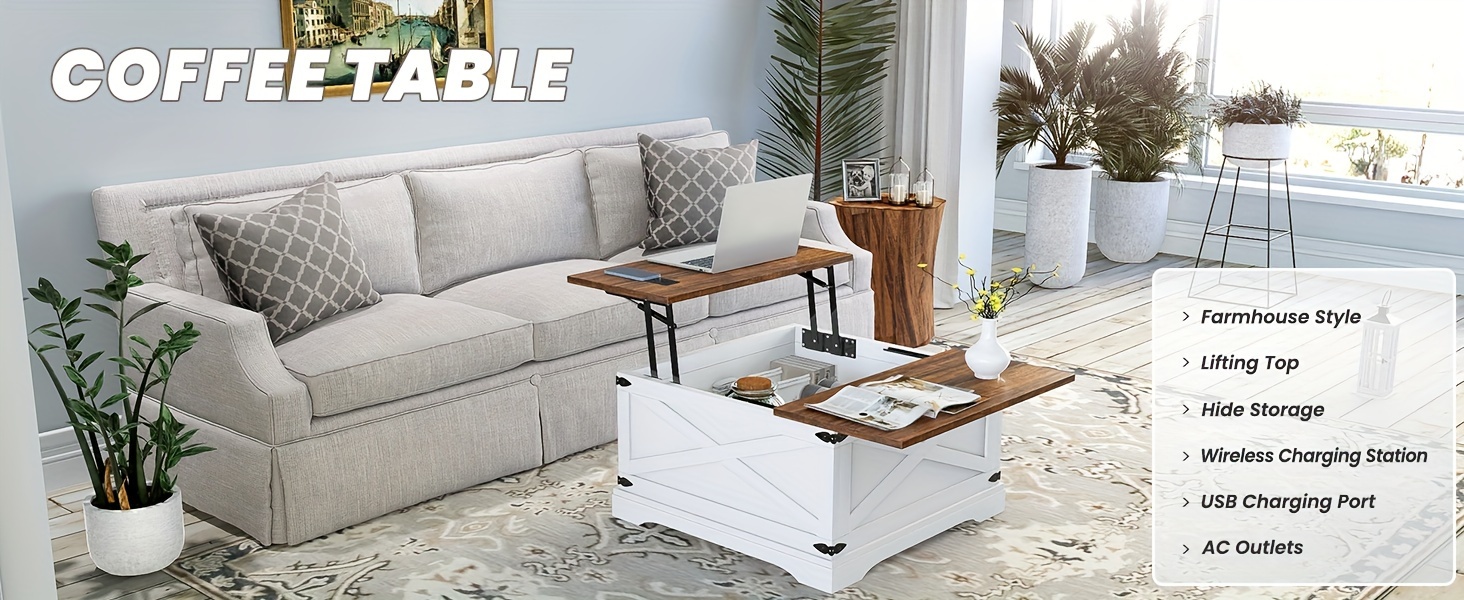 farmhouse coffee table lift top coffee table with wireless charging station coffee table with large hidden storage shelf for living room 31 5 inch 80cm d x 31 5 inch 80cm w x 18 inch 45 7cm h details 0