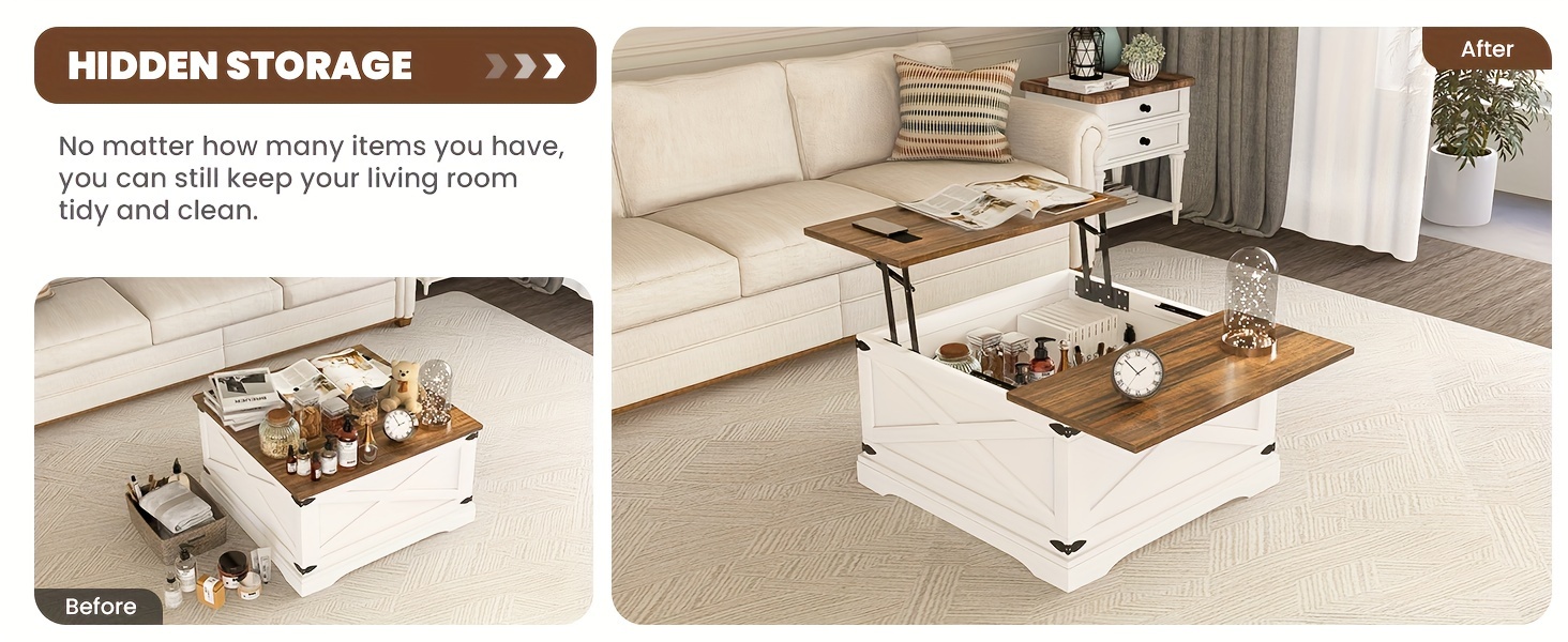 farmhouse coffee table lift top coffee table with wireless charging station coffee table with large hidden storage shelf for living room 31 5 inch 80cm d x 31 5 inch 80cm w x 18 inch 45 7cm h details 2
