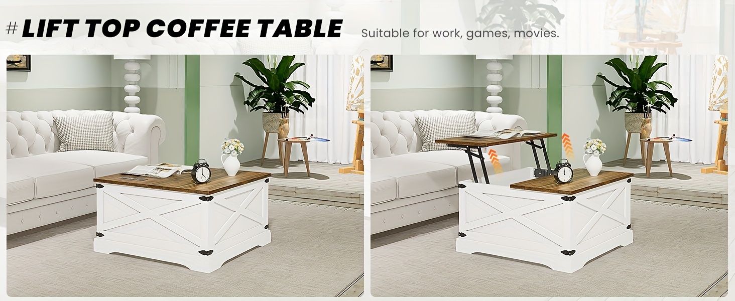 farmhouse coffee table lift top coffee table with wireless charging station coffee table with large hidden storage shelf for living room 31 5 inch 80cm d x 31 5 inch 80cm w x 18 inch 45 7cm h details 3