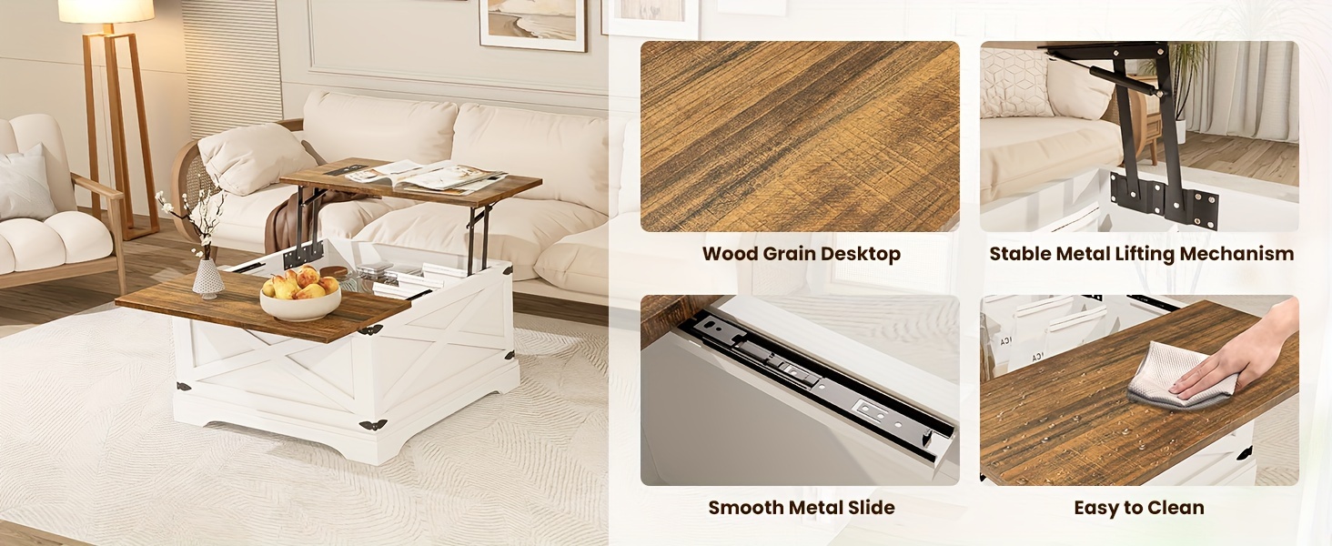 farmhouse coffee table lift top coffee table with wireless charging station coffee table with large hidden storage shelf for living room 31 5 inch 80cm d x 31 5 inch 80cm w x 18 inch 45 7cm h details 5