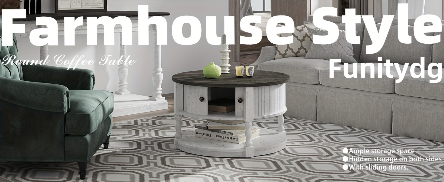 round coffee table with storage farmhouse coffee table with sliding cabinet door coffee table for living room 2 tier table 31 5 white details 0