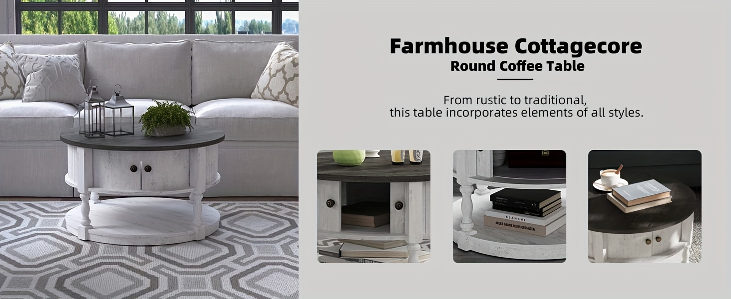 round coffee table with storage farmhouse coffee table with sliding cabinet door coffee table for living room 2 tier table 31 5 white details 2