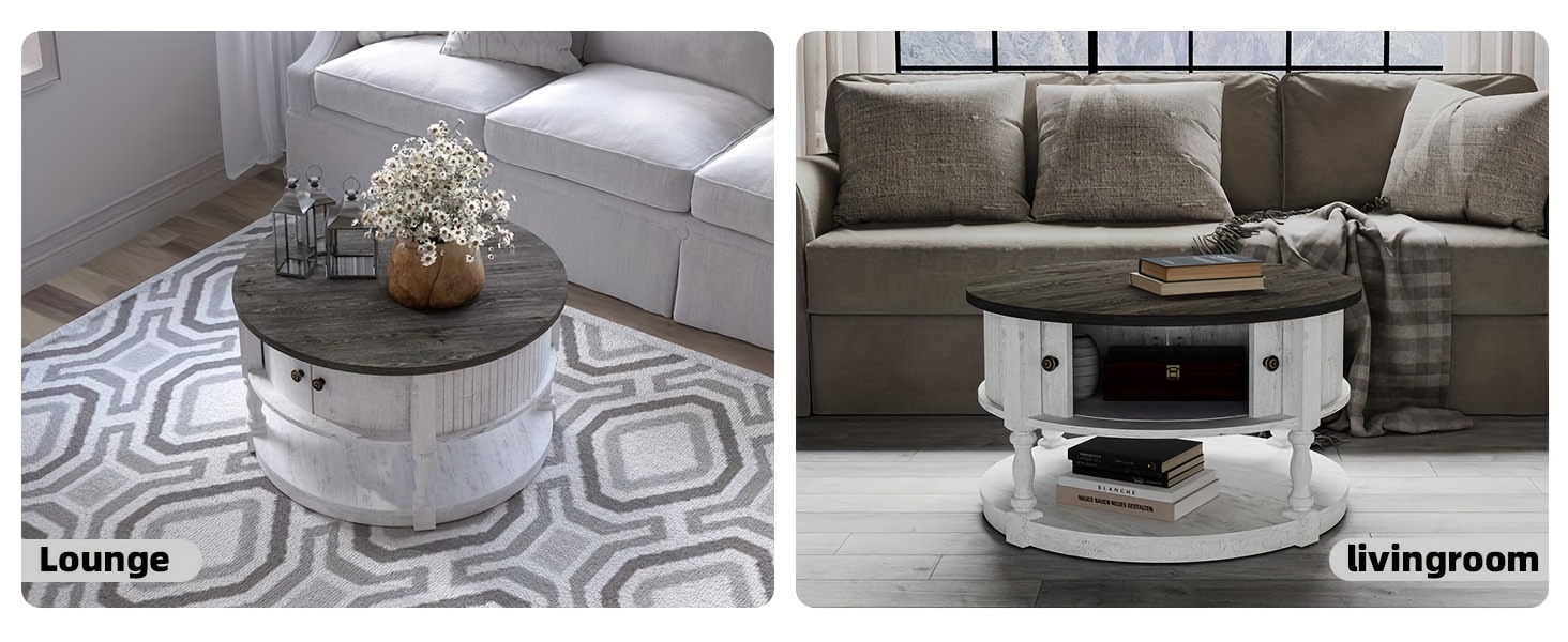 round coffee table with storage farmhouse coffee table with sliding cabinet door coffee table for living room 2 tier table 31 5 white details 3