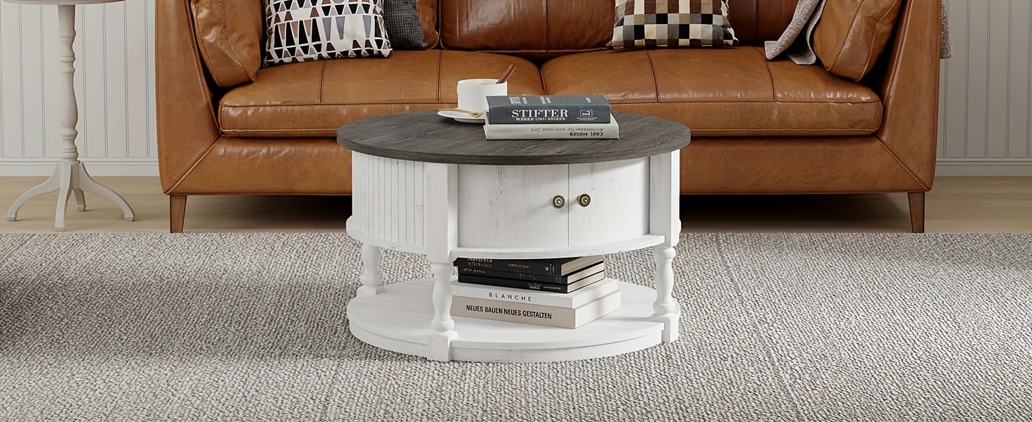 round coffee table with storage farmhouse coffee table with sliding cabinet door coffee table for living room 2 tier table 31 5 white details 4
