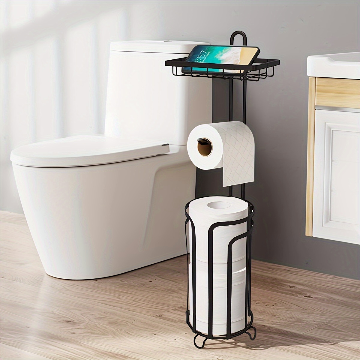toilet paper holder stand tissue paper roll dispenser with shelf for bathroom storage holds reserve bronze details 0