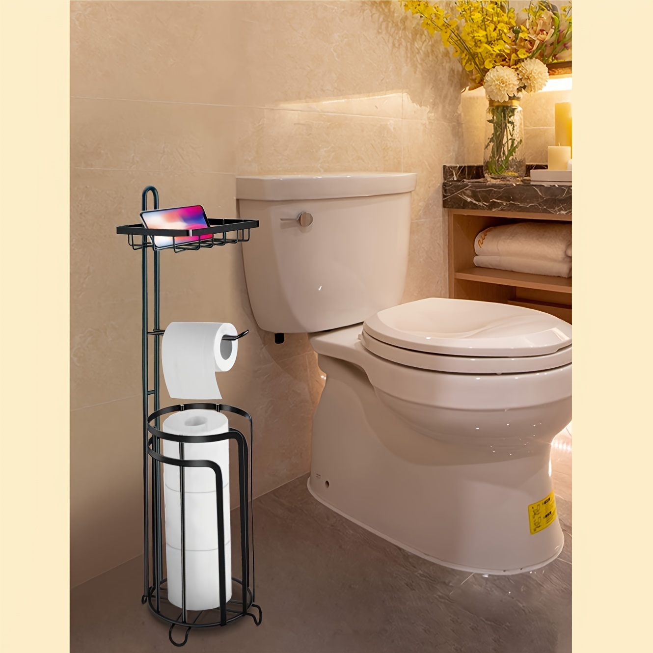 toilet paper holder stand tissue paper roll dispenser with shelf for bathroom storage holds reserve bronze details 1