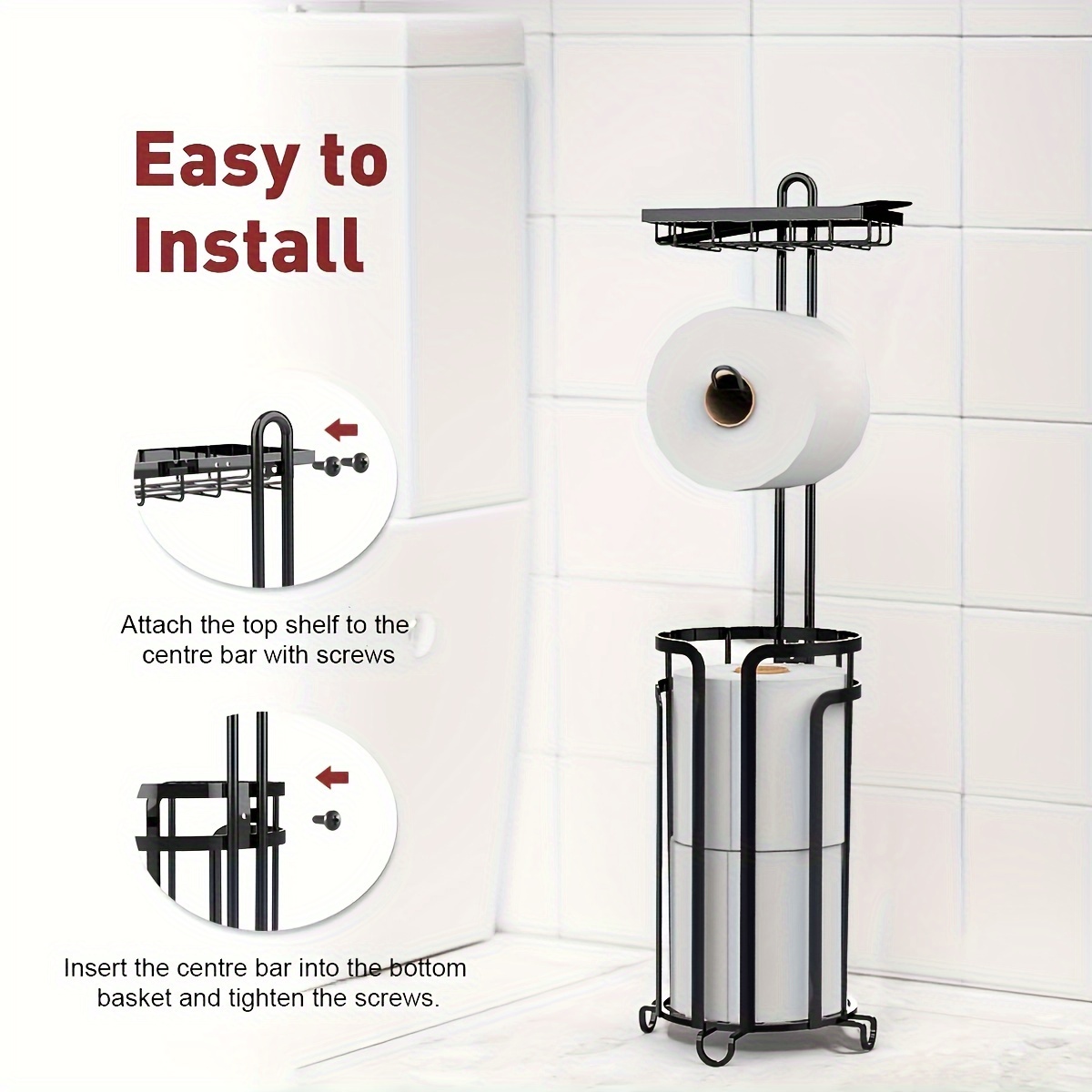 toilet paper holder stand tissue paper roll dispenser with shelf for bathroom storage holds reserve bronze details 4